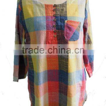 Check Plaid Hemp Ramie Cotton with Chest Pocket Top Blouse Tunic Dress