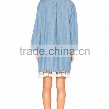 New Design Women Long Sleeve V Neck Casual Dress Vintage Denim Dress photo-4