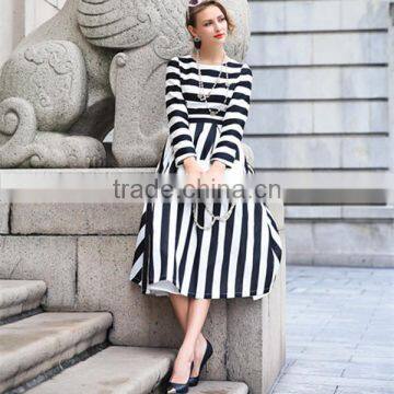 Woman new fashion autumn long sleeve white and black stripped elegant high waist elegant midi dress