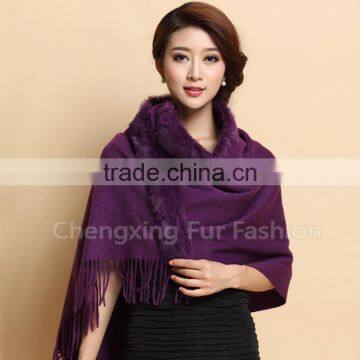 CX-B-P-41D Fur Trim Decora Fashion Women Plain Pashmina Shawl With Fur photo-2