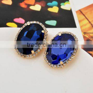 big blue semi-precious stone stud earrings golden bezel stud earrings blue crystal earrings jewelry 2016