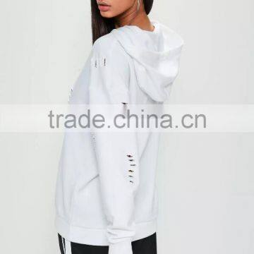 White Distressed Oversized Hoodie Cut Hole Custom 100% Cotton Frech Terry Drop Shoulder Ripped With Hooded photo-5