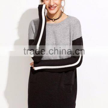 Color Block Drop Shoulder Pockets Sweater Dress Long Sleeve Boat Neck Casual Cotton Blend Sweater photo-3
