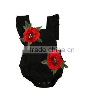Rose Flower Decoration Cotton Fabric Handmade Baby Romper Flutter Jumpsuit photo-4