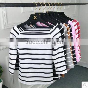 The new dress brought a word dew shoulder cultivate one's morality female striped shirt