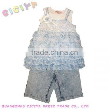 Boutique high quality kids girl's fashion set blue chiffon flower dresses + 100 cotton tops+jeans bermuda set for summer