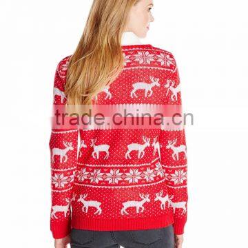 Women Red Sweater Reindeer Christmas Jacquard Pattern Christmas Jumper photo-2