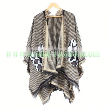 2015 brand colour block stitched blanket cape coat winter scarf plaid women poncho wraps check top cashmere acrylic shawls