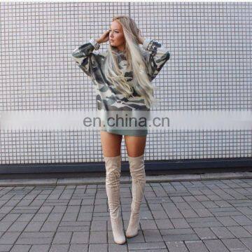 Europe And America Round Collar Long Sleeve Camouflage One-Piece Dress Sweater