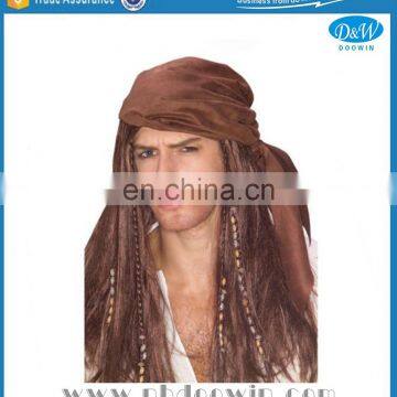 Brown Caribbean Pirate Costume Wig With Head Scarf & Beads Halloween Party Wig