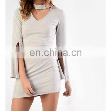 Grey Suedette Wrap Choker Dress with Flared Sleeves