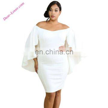 Fashion Women off Shoulder Plus Size Bodycon Bell Sleeve Dress