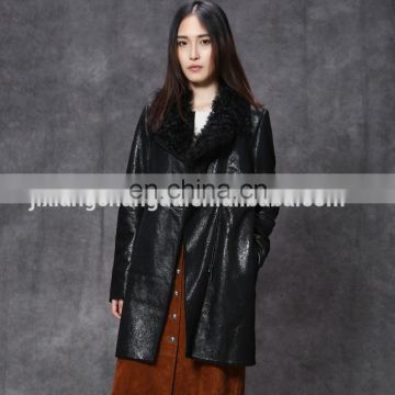 Women clothing one whole leather black long coat