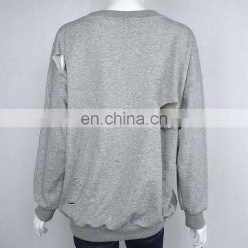 Ladies Sweatshirts Hole Cut Out Distressed Batwing Sleeve Sweater Sweatshirt photo-4