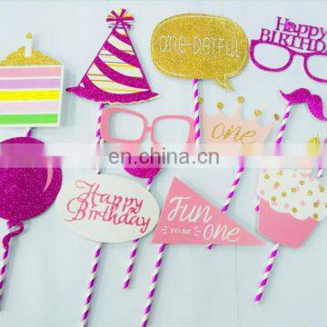 Happy birthday party favor one birthday glitter paper photo props for girl birthday party decoration