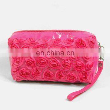 fashion red cosmetic bag with rose flower decoration