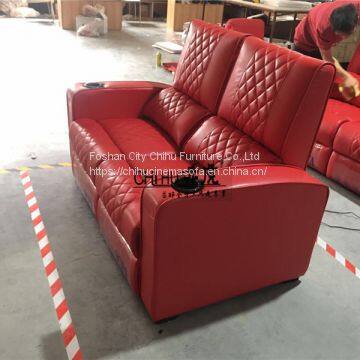 Top grain red leather cinema sofa with cool cupholder,electric home theater sofa