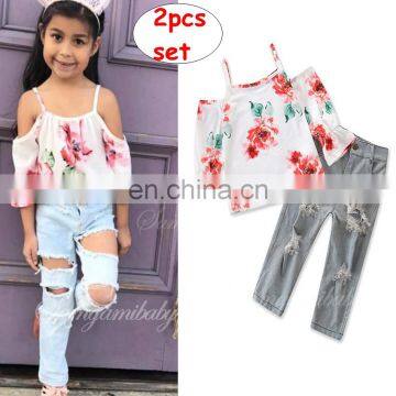Girl Summer 2PCS Outfit Kids off Shoulder Flower Print Tops & Broken-hole Jeans Set photo-2