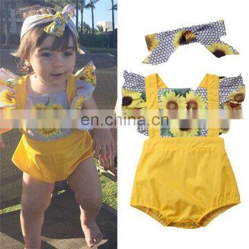 2019 Popular Clothes Set Sunflowers Toddler Romper Baby Girl Clothes Set With Flying Sleeve Infant Kids Summer Outfit photo-3