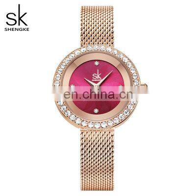 SHENGKE K0169L Luxury Rose Gold Watch For Women Adjustable Milan Mesh Band Rhinestone Bezel Bling Bling Watch Woman Gift Luxury