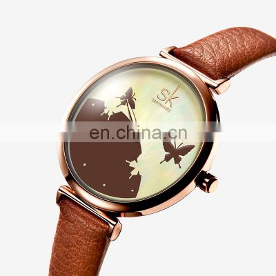 SHENGKE Coffee PU Leather Watches K0101L watch luxury brand Wristwatch Rose gold Alloy Case regalos para mujer