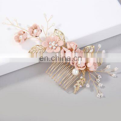 Luxury Blue Flower Hair Combs Headdress Prom Bridal Wedding Hair Accessories Gold Leaves Hair Jewelry