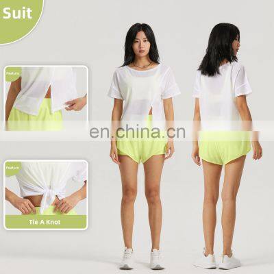 Side Spilt Sports Mesh Short Sleeve Tshirts Womens Custom Polyester Backwards Yoga Tops photo-4