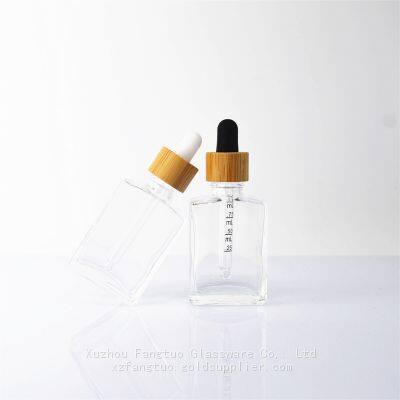 Bamboo screw collar dropper bottle Square shape glass dropper bottle perfume essential oil packing glass bottle empty clear glass bottles