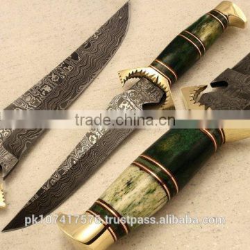 Custom handmade Damascus blade wood & bone green color with brass ring Handle