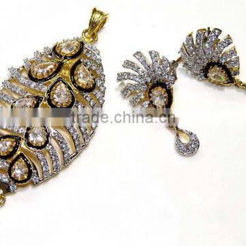 Gold Finish Ethnic, Zirconia Pendant & Earring Jewelry design with Meenakari (Enamal) . 22 K Gold Plated Jewellery