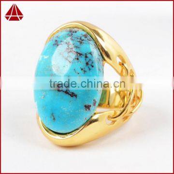 Fashion spring gold natural turquoise gemstone bezel cuff ring