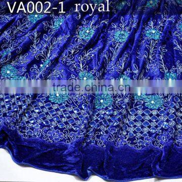 VA002-1 royal blue african beaded velvet george lace fabric embroidery design with stone