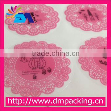 customized pink lace flower shape plastic sticker label for gift