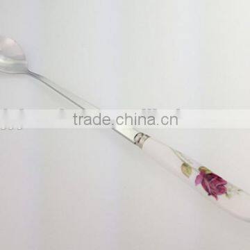 Children stainless steel round spoon with pretty rose ceramics handle