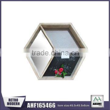 Hot Selling Wooden Hexagon Wall Shelf Divide to Three Diamond Wall Shelf,Mirror and Chalk sing Blackboard Wall Shelf