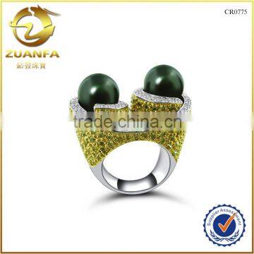 double dark green pearls with cubic zirconia paved silver jewelry new design pearl finger ring