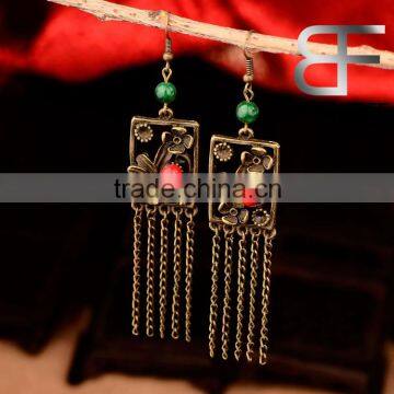 Square Flower shape Tassels drop earrings, women's alloy red green stone dangle earrings