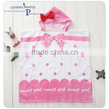 Natural cotton velour printed girl hooded towel for bath/girl poncho towel