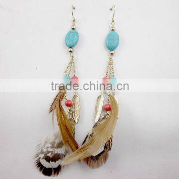 Latest design bohemian style turquoise bead with feather earrings