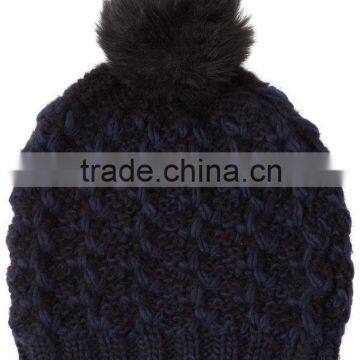 Deep blue ladies knitted winter beanie hat with pom pom