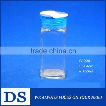 100ml lead-free high quality cheap clear mini glass spice shaker with thick blue color plastic cap