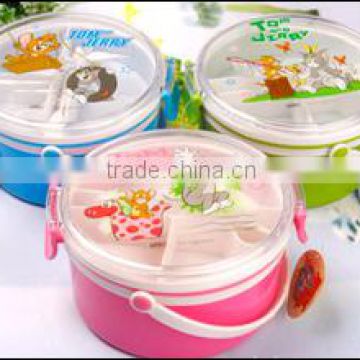 ABS+PP+AS Double wall lunch box with round-shaped , inner box ,fork and spoon .CMYK+White (Heat transfer).