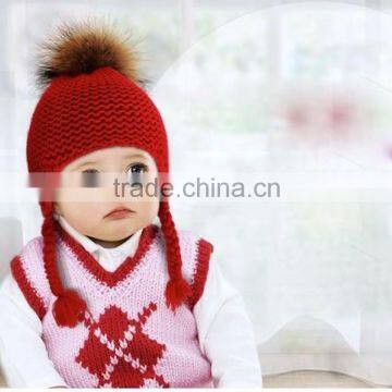 Popular Winter Warm Knitted Wool Baby Beanie Hat with Raccoon Fur Pom poms Ball/Earflaps