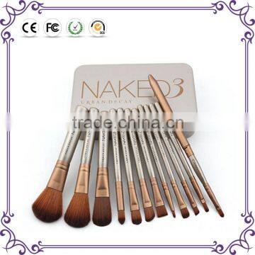 Good quality 12 pcs new naked 3 makeup brushes synthetic hair coffee wooden makeup brush set with iron box