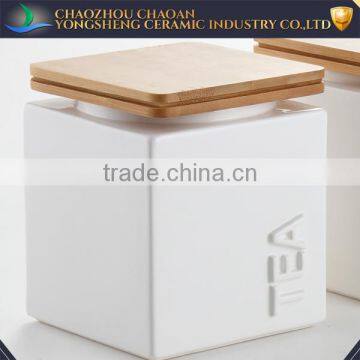 Square Shape Ceramic Tea Coffee Sugar Canister With Wood Lid Houseware photo-2