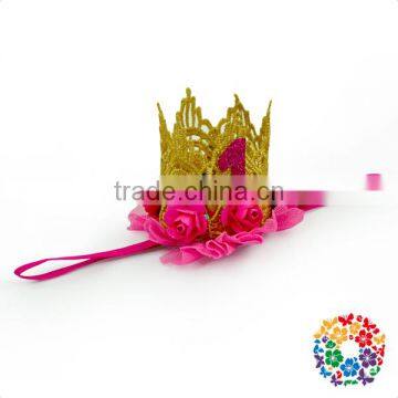 Newborn Toddler Girls Elastic Band Pink Flower Gold Princess Crown Headband photo-3
