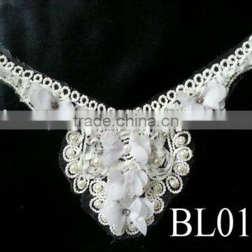 BL0122 High quality vintage white embroidery chiffon flower beadiing rhinestone collar neck designs for ladies suit