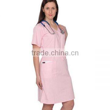 Custom Women Workwear A Line Scrub Casual Pink Soft dress Short Sleeve Nurse Uniform With Waist Drawstring In Hospital Wear