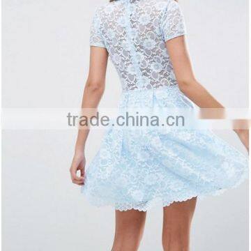 Guangzhou Clothing OEM Blue Pleated Skirt Lace Mini T-Shirt Dress photo-2