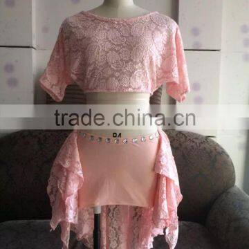 Pink crop top and skirt dance dress for women QQ041